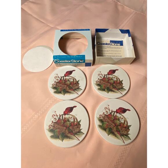 CoasterStone Set of 4 Drink Coasters Pair of Cardinal Birds on Apple Basket NIB - Picture 6 of 12